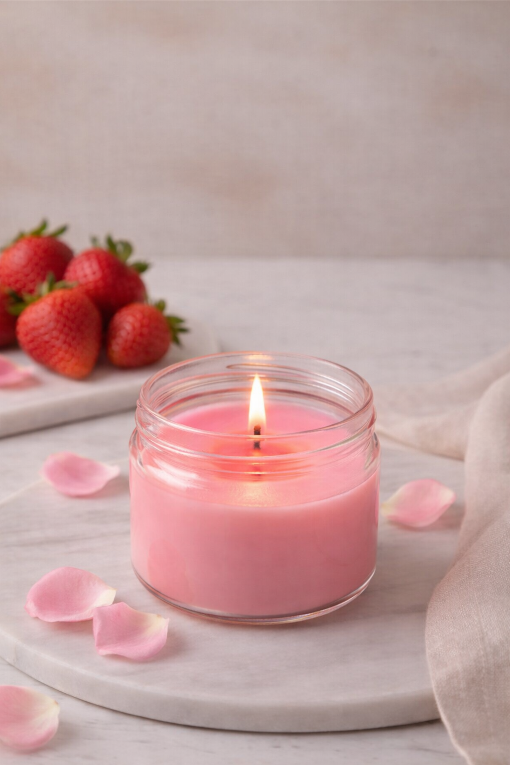 Çilek Kokulu El Yapımı Mum | Cam Kavanoz Kokulu Mum – Dekoratif & Uzun Süreli